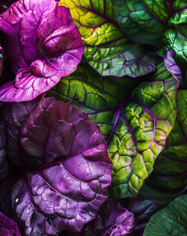 Пышные и яркие листья с насыщенными фиолетовыми и зелеными оттенками, символизирующие свежесть и здоровье