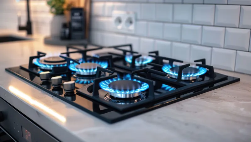 Современная газовая плита с шестью конфорками и яркими синими языками пламени на стильном кухонном фоне