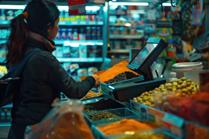 Женщина рассматривает различные специи и продукты в проходе продуктового магазина