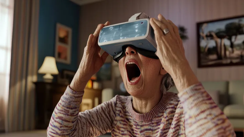 Взволнованная пожилая женщина в VR-гарнитуре выражает радость и удивление, взаимодействуя с контентом виртуальной реальности в уютной, красочной гостиной