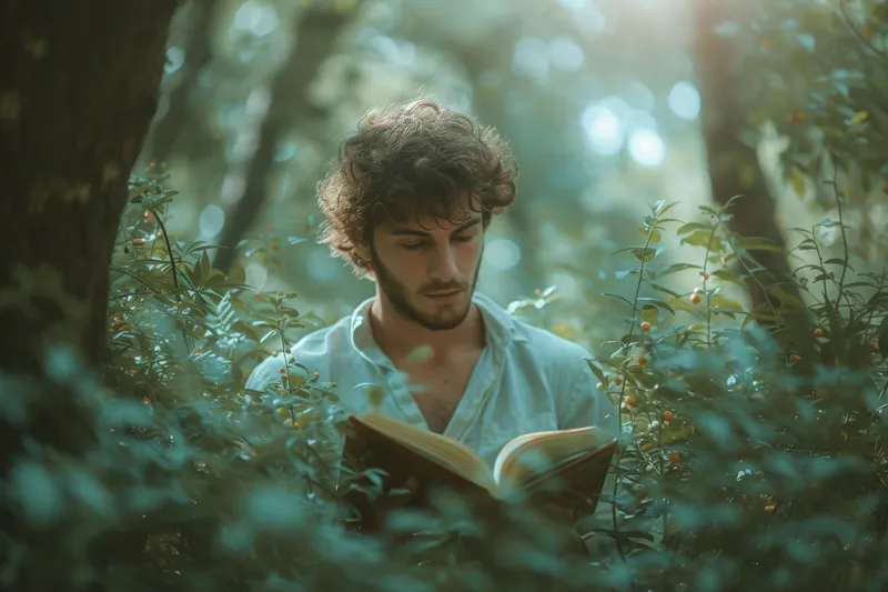 Мужчина читает книгу в безмятежной лесной обстановке с деревьями на заднем плане, окружённый природой