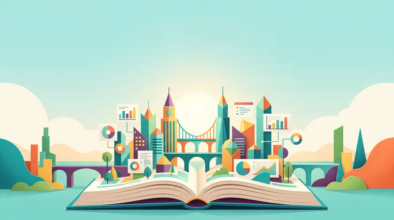 Открытая книга превращается в город идей с диаграммами и башнями, выражая образование, стратегию и творческий интеллект