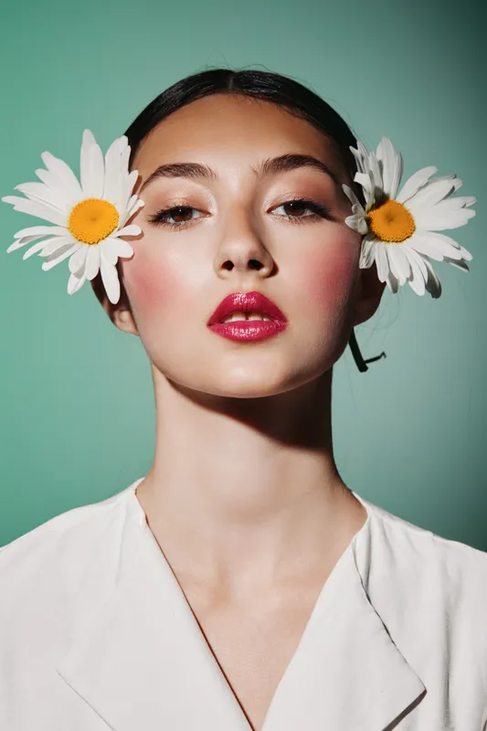 Portrait of a young woman with bold red lips and rosy cheeks wearing daisies in her hair. Fashion beauty concept with creative floral accessories and intense makeup on a green background.