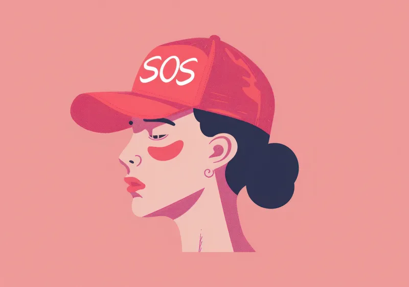 Женщина в красной кепке с надписью SOS — модное заявление об экстренной помощи в путешествиях и приключениях
