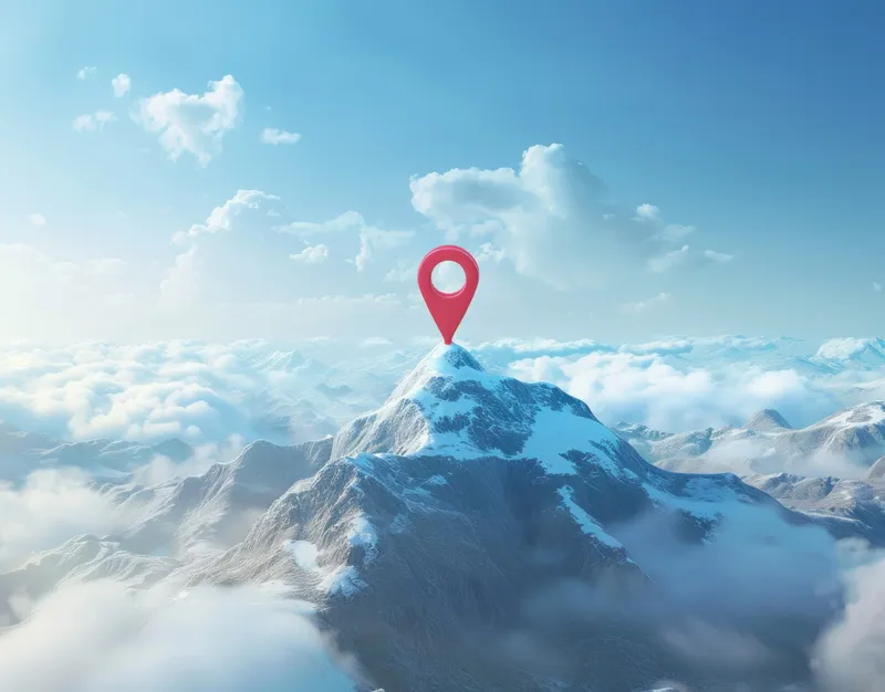 Булавка на вершине горы с облаками и голубым небом, 3D-рендеринг