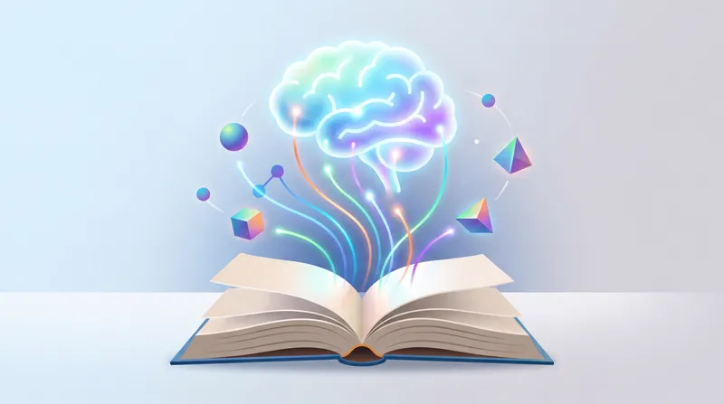 Открытая книга излучает свет в облако, напоминающее мозг