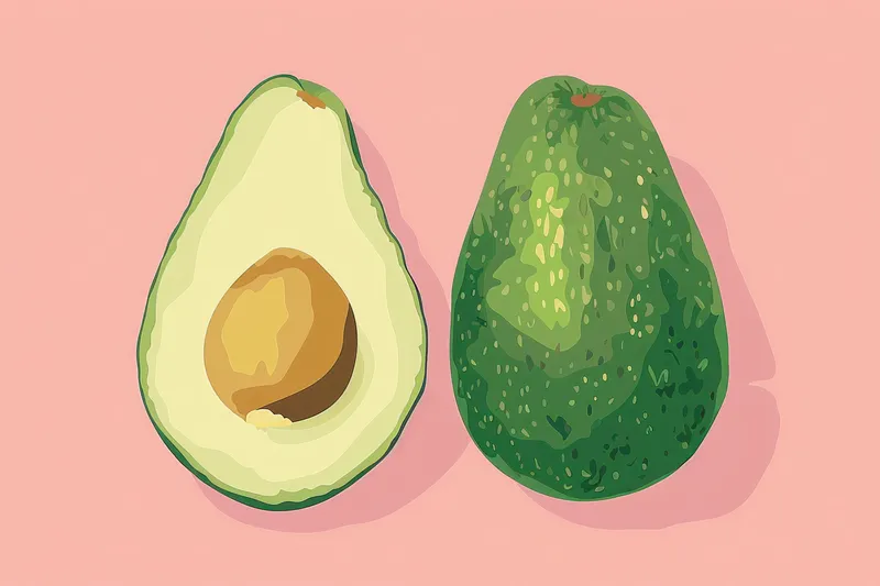Два спелых авокадо с текстом 'avocado' на розовом фоне