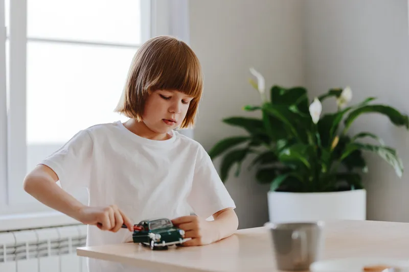 Thoughtful boy focused on playing with a toy car, highlighting creativity and imagination in a bright, inviting room decorated with greenery.