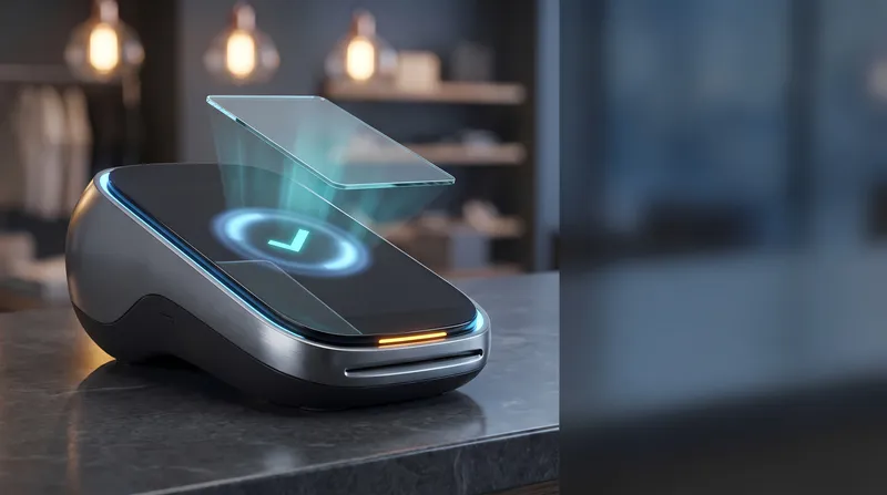Элегантный 3D-терминал для бесконтактных платежей со светящимся NFC-дисплеем и парящей картой на полированной стойке в торговом зале с размытым интерьером бутика на заднем плане