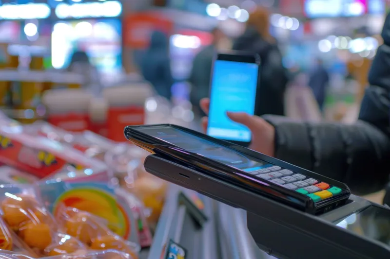 Человек использует мобильный телефон для оплаты еды в продуктовом магазине; на заднем плане виден кассовый аппарат