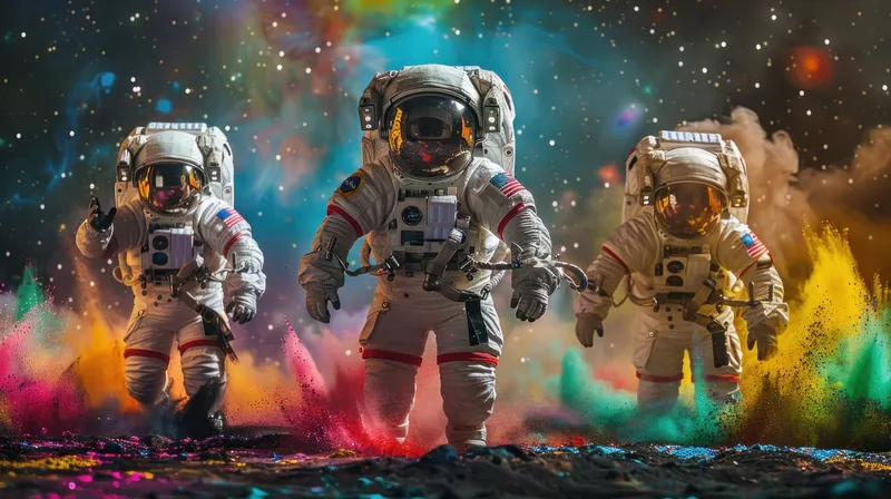 Астронавты в космосе на фоне разноцветной пудры, элементы предоставлены NASA