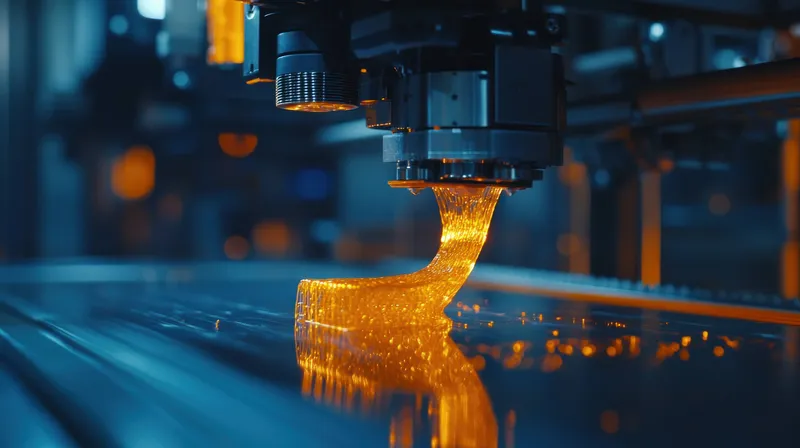 Крупный план передового 3D-печатного станка, экструдирующего яркую оранжевую нить, подчеркивающий слияние технологий и мастерства в современной промышленной практике