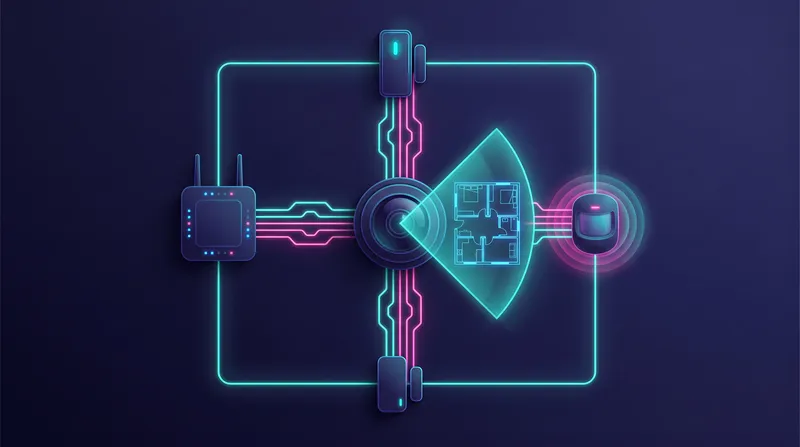 Яркая неоновая цифровая иллюстрация сетки мониторинга домашней безопасности видом сверху с центральным объективом камеры, планом этажа и умными устройствами, соединенными светящимися линиями на…