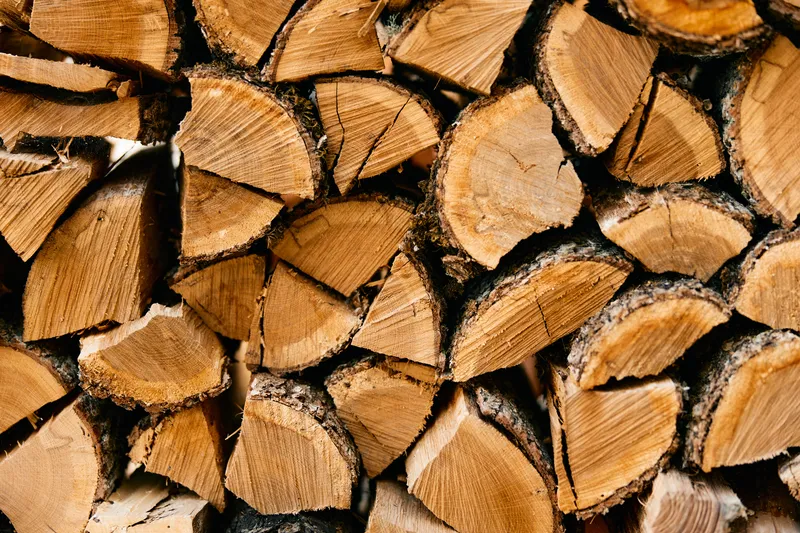 Крупный план сложенных дров с вырезанным словом «wood», демонстрирующий натуральный материал для строительства и дизайна