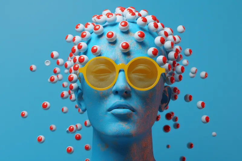Модная женщина в желтых очках с мотивом глаза на синем фоне, стильная 3D-визуализация