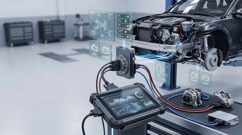Реалистичная 3D-сцена автомобильной диагностики: компоненты автомобиля, планшет для обслуживания и инструменты