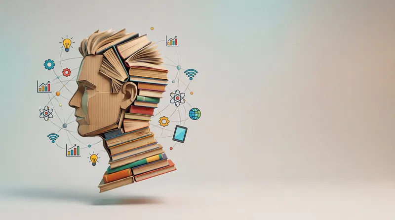 Парящие книги образуют человеческий силуэт в окружении абстрактных узлов, символизируя учебу, интеллект и взаимосвязанные знания