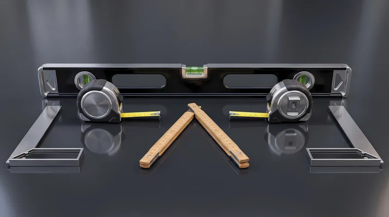 Глянцевая 3D-композиция: измерительные инструменты, уровни и разметочное оборудование, симметрично расположенные