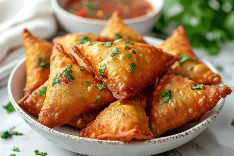 Вкусная домашняя самоса: хрустящий жареный пирожок с начинкой из говядины и овощей, подаётся на традиционной тарелке с острым томатным соусом