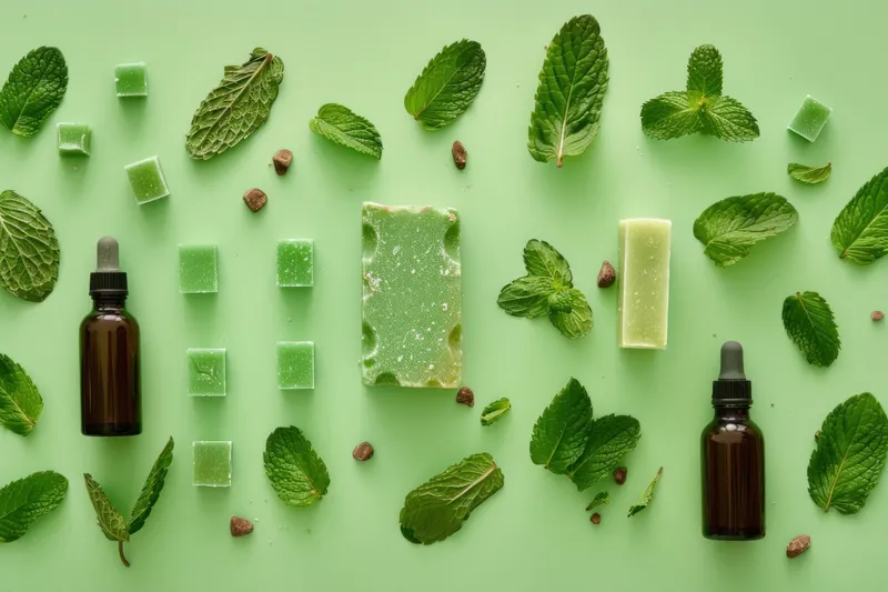 Композиция в стиле flat lay с листьями мяты, зеленым мылом и флаконами на мягком зеленом фоне, намекающая на свежесть и природную красоту
