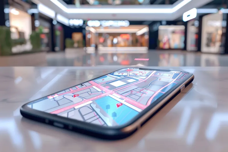 Современный смартфон с функцией GPS, лежащий на полу оживленного торгового центра, в трехмерной иллюстрации