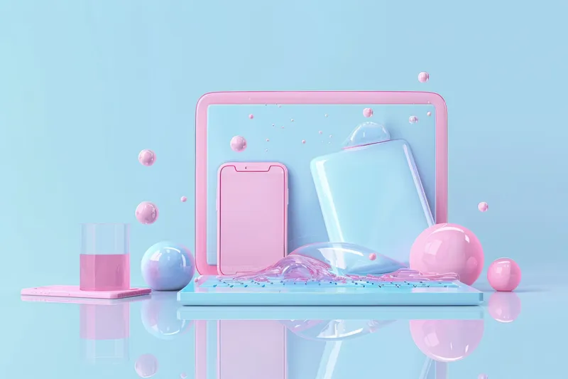 3D-рендеринг ноутбука с розовыми и синими аксессуарами на синем фоне, современная технологическая концепция для дизайнерских проектов