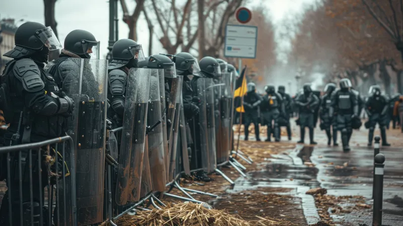 Группа людей в защитном снаряжении стоит перед забором, на заднем плане полицейские щиты