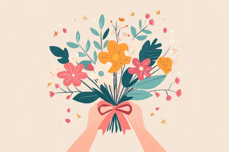 Веселая иллюстрация рук, преподносящих пышный букет цветов в нежно-розовых, желтых и зеленых тонах на светло-бежевом фоне, символизирующая радость и позитив