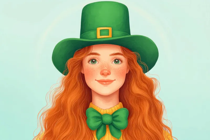 Яркая иллюстрация молодой женщины с вьющимися рыжими волосами, одетой в праздничный зеленый наряд, передающая радостную суть празднования Дня Святого Патрика на фоне мягкого пастельного фона