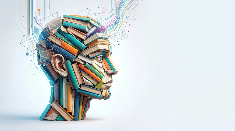 Профиль человека, сформированный из книг и нитей данных, олицетворяющий обучение и интеллект в яркой абстрактной композиции со свободным пространством