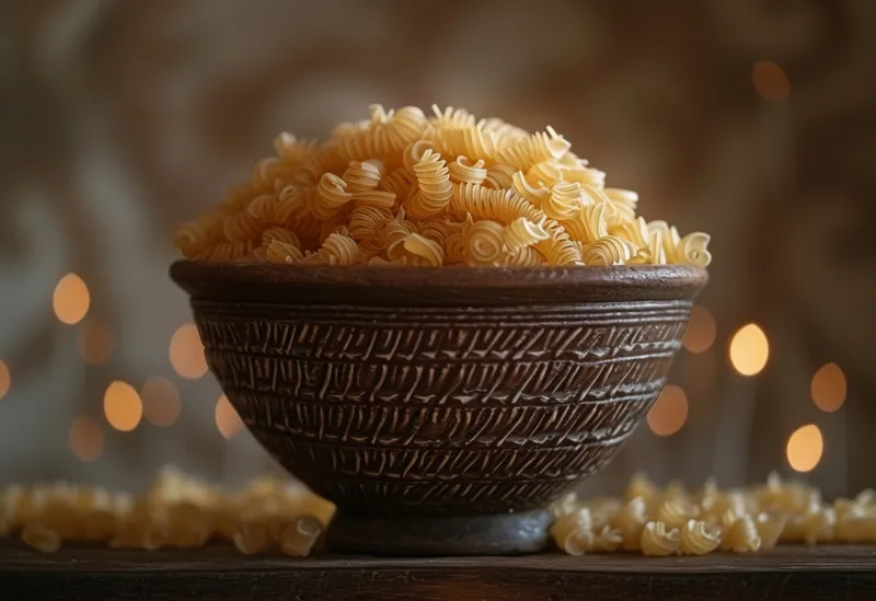 Вкусное блюдо из пасты подаётся в деревенской миске на деревянном столе, на заднем плане тёплое освещение