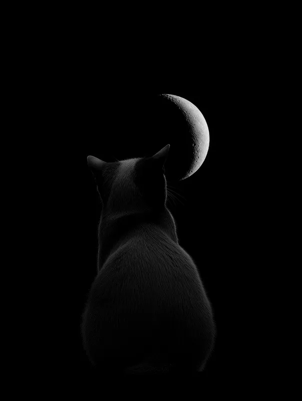 Черно-белая фотография задумчивого кота, смотрящего на полумесяц, вызывающая чувство умиротворения и таинственности на ночном фоне