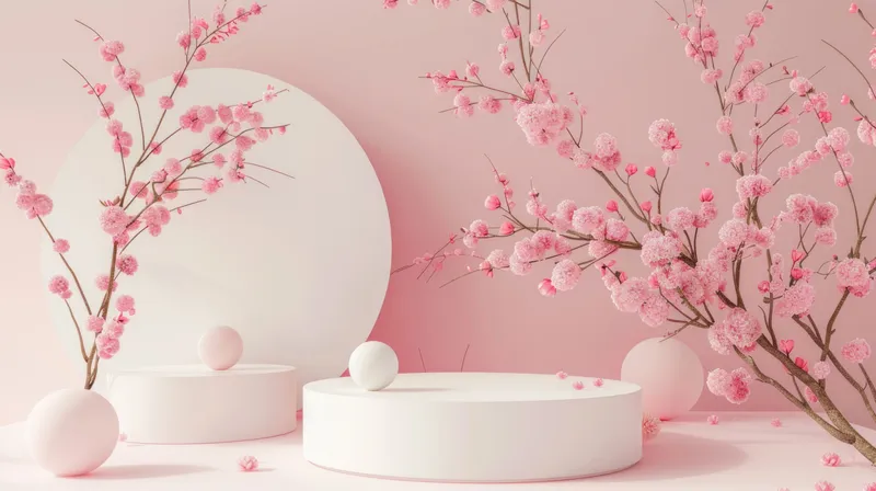 Безмятежная композиция с круглыми платформами, розовыми цветами и ветвями на мягком розовом фоне