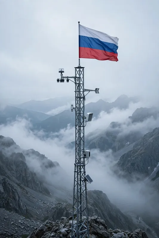Российский флаг на вершине горной вышки в облаках