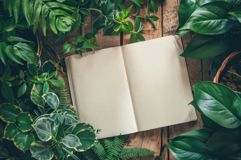 Открытая книга, окруженная зелеными растениями и растениями в горшках на деревянном столе в естественной среде