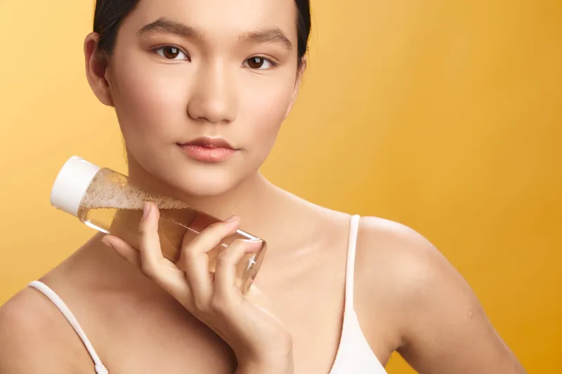 Asian woman holds a cosmetic bottle, showcasing skincare elegance in a minimalist studio setup. Soft lighting emphasizes clear skin, calm expression, and a modern beauty mood ready for lifestyle