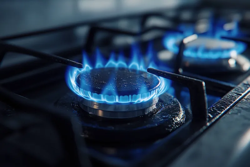 Четкое изображение конфорки газовой плиты с ярко-голубым пламенем, символизирующее энергоэффективность и тепло в современной кулинарии