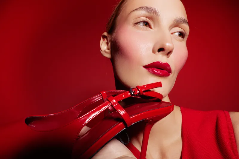 Close-up of a woman with red lipstick holding red high heel shoes near her face. The vibrant red background and dress create a bold fashion and beauty concept.