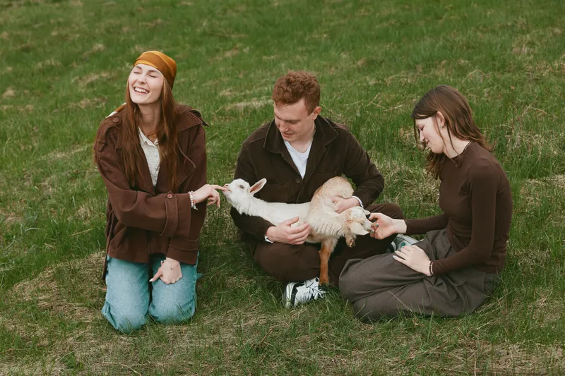 Goat, kid, outdoor, family, animals, field take center stage as three friends interact with two playful goats on grass in a bright, casual lifestyle moment.