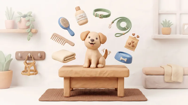 Ручной работы 3D-сцена из глины для услуг по уходу за домашними животными: собака, инструменты для груминга, поводок, лакомства и аксессуары для дрессировки в центрированной студийной постановке