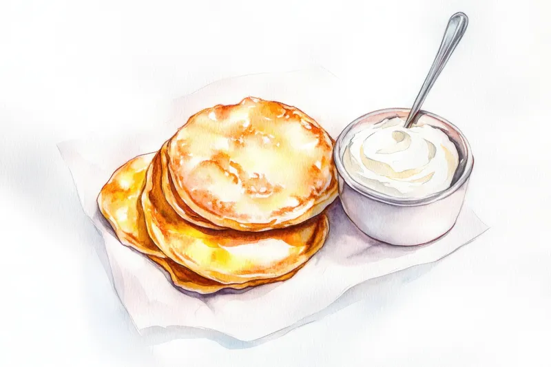 Насладитесь стопкой вкусных домашних блинов, поданных с нежной сметаной, идеально подходящих для любителей еды, ищущих вдохновение для завтрака и идеи сытной еды