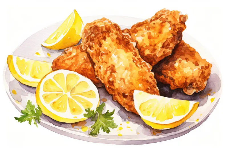 Вкусная жареная еда, фон, вкусный, картофель, ресторан, лимон, хрустящий, курица, тарелка, приготовленный ужин, французский, рыба, блюдо, традиционный, морепродукты, еда, обед, треска, кухня