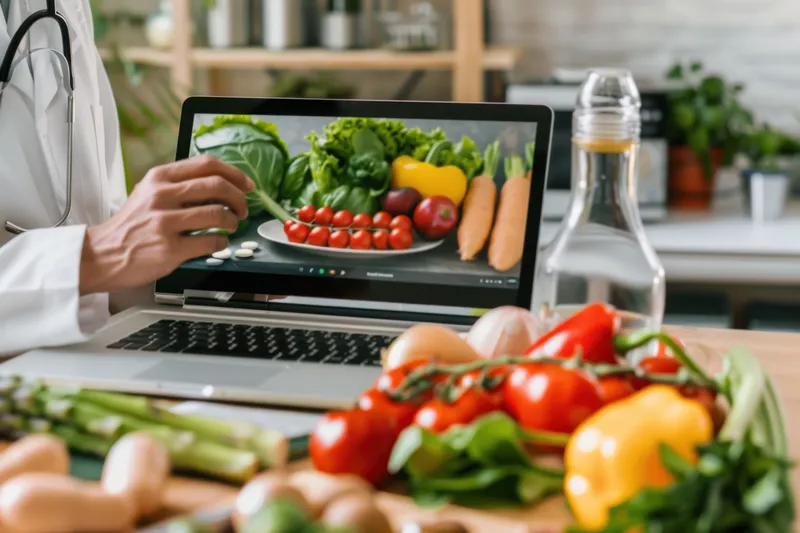 Мужчина в белом халате изучает свежие продукты на экране ноутбука
