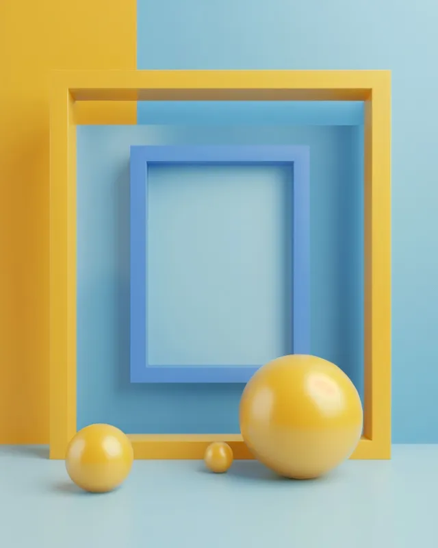Ярко раскрашенный 3D-рендеринг желтых и синих сферических форм на ярком сине-желтом фоне