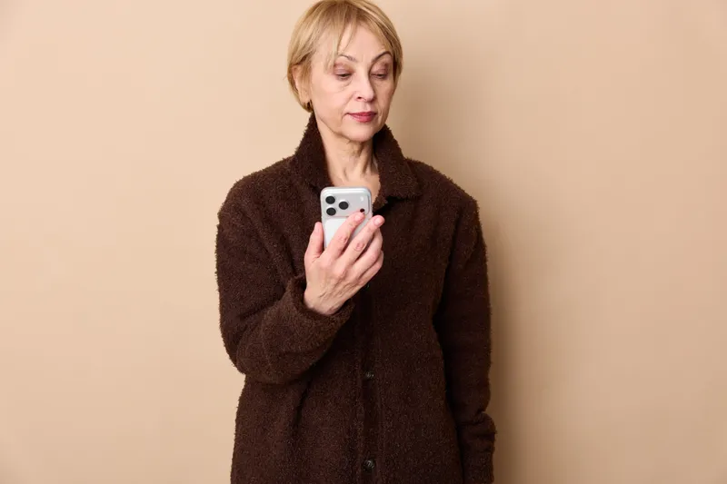 Woman, smartphone, older, portrait, beige background, indoors, texting, communication, holding phone with both hands, concerned expression, casual coat, looking down