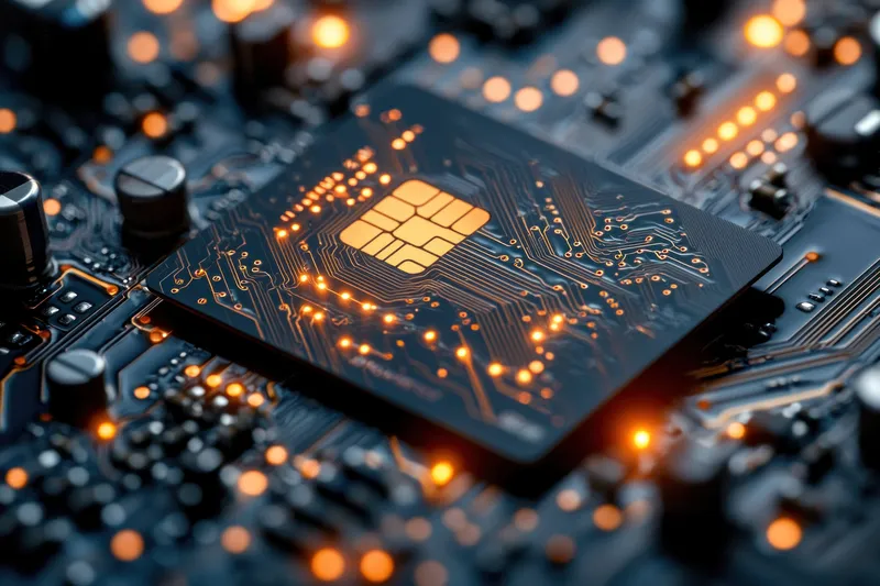 Детальное крупное изображение микросхемы с SIM-картой на печатной плате, подчеркивающее яркие цвета и текстуры, что представляет технологии, электронику и связь