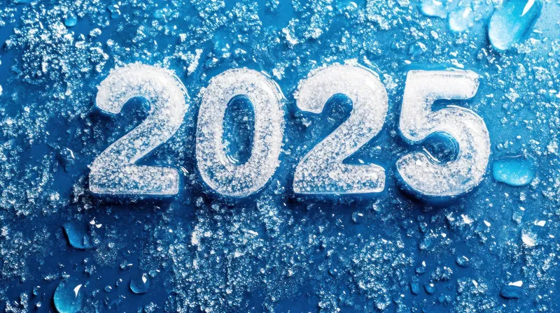 Ледяные цифры 2025 сверкают на ярком синем фоне, символизируя волнение от наступления Нового года
