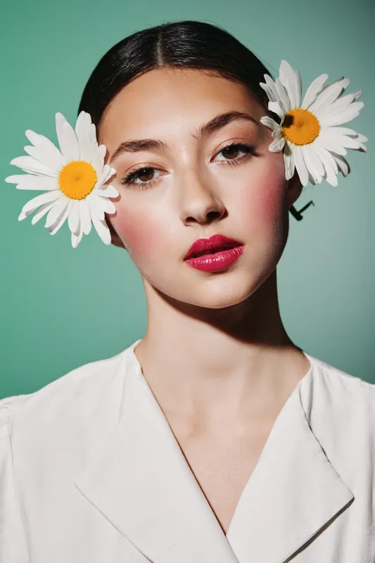 Young model with natural makeup and bright pink lipstick poses with two large flowers on her head. Close-up portrait on pastel green background. Concept of beauty fashion creative.