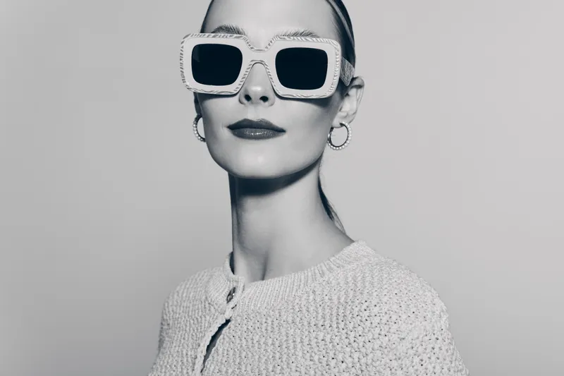 Portrait of a stylish white woman with pale skin wearing large square sunglasses and hoop earrings in monochrome studio lighting.