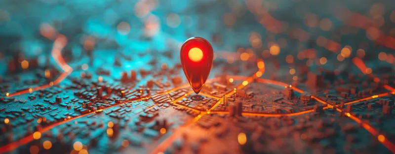3D-рендеринг красной булавки на карте города с красным светом на заднем плане